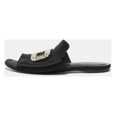 Roger Vivier Black Satin Crystal Embellished Flat Mules Size