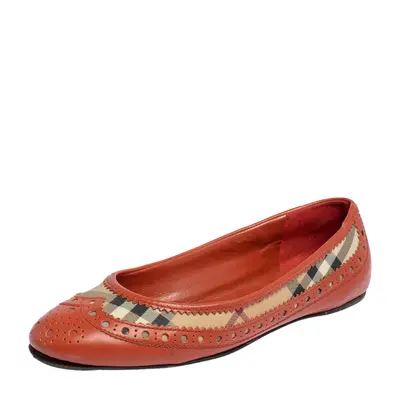 Burberry Orange Brogue Leather And Haymarket Check Canvas Tudor Ballet Flats Size