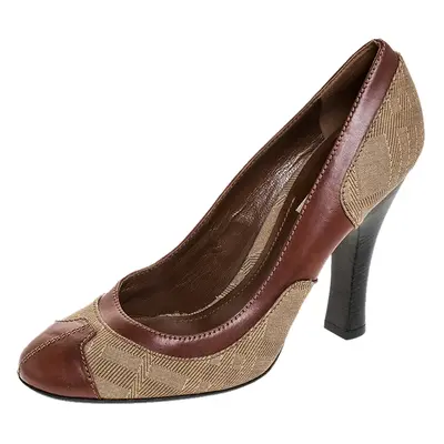 Burberry Brown/Beige Leather and Canvas Wooden Heel Pumps Size