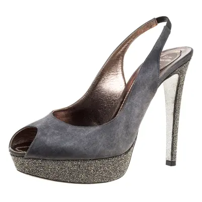 Rene Caovilla Grey Satin Peep Toe Slingback Platform Sandals Size 40.5