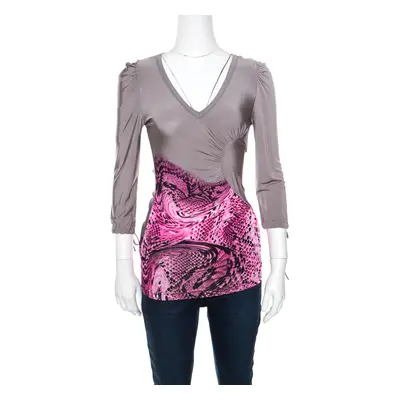 Just Cavalli Grey and Pink Animal Printed Ruched Long Sleeve Top