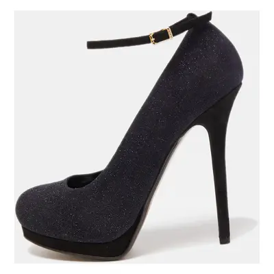 Fendi Black Glitter Suede Platform Ankle Strap Pumps Size