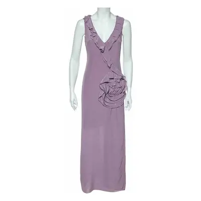 Moschino Cheap & Chic Lilac Silk Chiffon Rose Floral Draped Slit Detail Maxi Dress