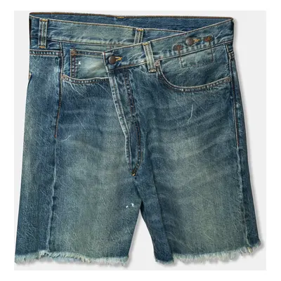 R13 Blue Denim Asymmetric Waist Frayed Edged Shorts