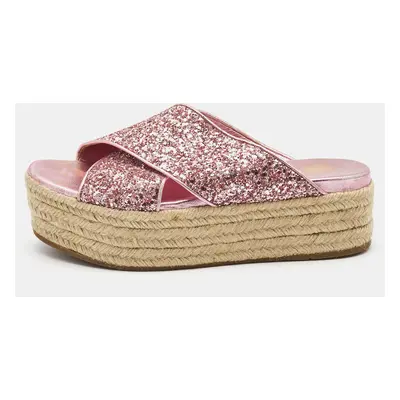 Miu Miu Pink Glitter Cross Strap Platform Espadrille Sandals Size 37.5