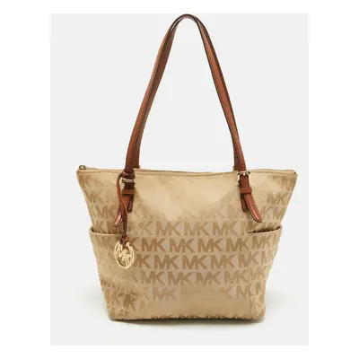 MICHAEL Michael Kors Beige/Brown Signature Canvas and Leather Jet Set Top Zip Tote