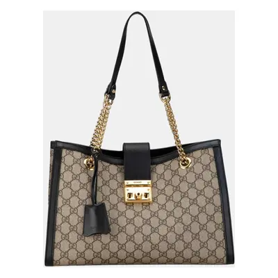 Gucci Beige Black PVC Leather GG Supreme Padlock Chain Shoulder Bag