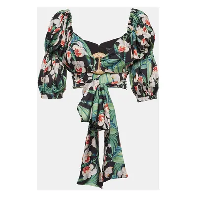 PATBO Green Floral Print Satin Off-Shoulder Tie-Up Top