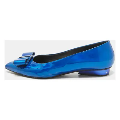 Salvatore Ferragamo Metallic Blue Patent Leather Viva Bow Ballet Flats Size