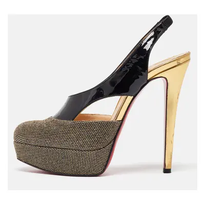 Christian Louboutin Black/Gold Patent and Mesh Platform Slingback Pumps Size