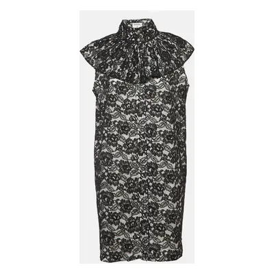 Chanel Black Floral Lace Ruffled High Neck Mini Dress