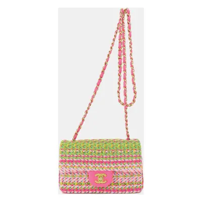 Chanel Pink/Green Cotton Mixed Fibers Woven Mini Rectangular Flap Bag