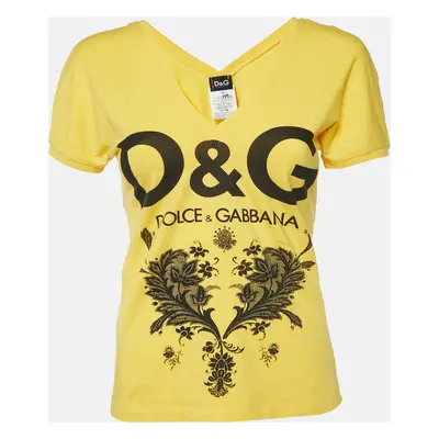 D&G Yellow Printed Cotton V-Neck T-Shirt