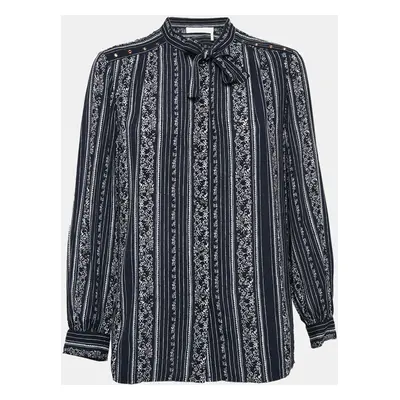 See by Chloe Blue Stripe Floral Print Crepe Button Front Shirt