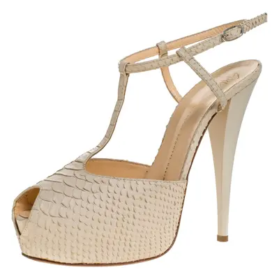 Giuseppe Zanotti Beige Python Embossed Leather T Strap Platform Sandals Size