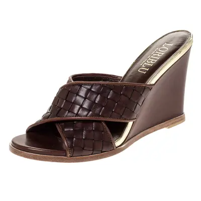 Loriblu Brown/Gold Woven Criss Cross Leather Wedge Sandals Size