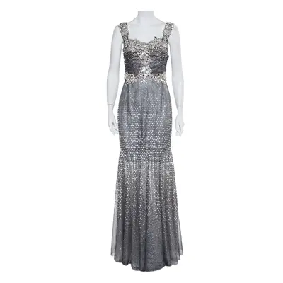 Dolce & Gabbana Silver Tulle Crystal Embellished Mermaid Evening Gown