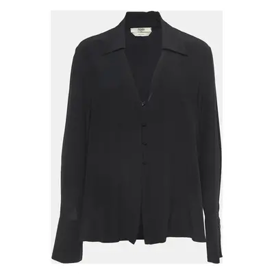 Fendi Black Silk V Neck Collared Button Front Shirt