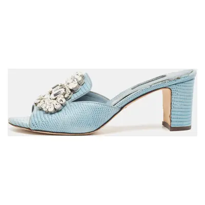 Dolce & Gabbana Light Blue Embossed Lizard Crystal Embellished Slide Sandals Size