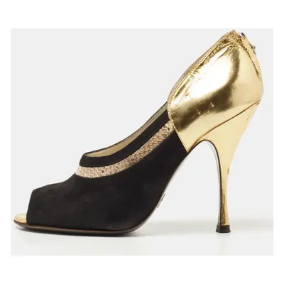 Dolce & Gabbana Gold/Black Leather and Suede Peep Toe Pump Size 39.5