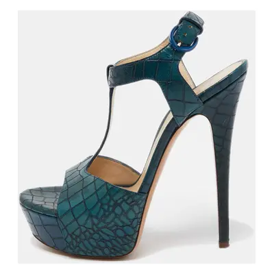 Casadei Green Croc Embossed Leather T-Bar Platform Ankle Strap Sandals Size