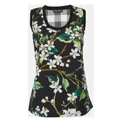 Dolce & Gabbana Black Floral and Checked Print Cotton Sleeveless Top