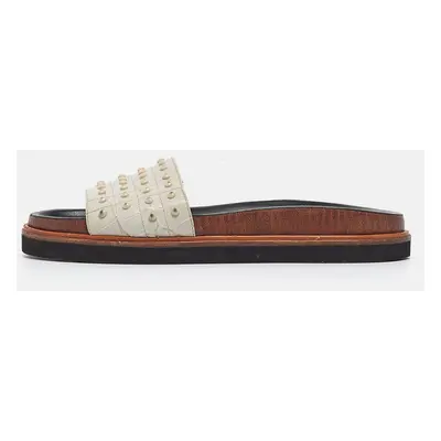 Tod's White Croc Embossed Leather Studded Flat Slides Size