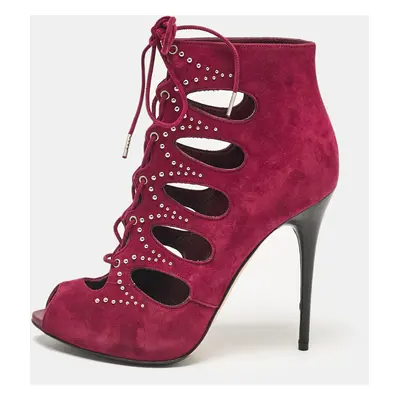 Alexander McQueen Burgundy Suede Studded Cut Out Ankle Booties Size