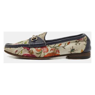 Gucci Navy Blue/White Leather and Floral Print Canvas Horsebit Loafers Size