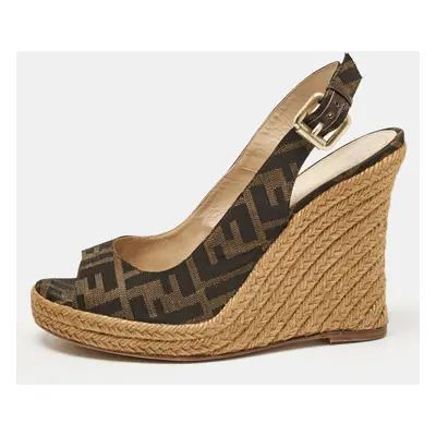 Fendi Tobacco Zucca Fabric Wedge Ankle Strap Sandals Size