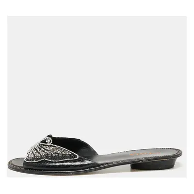 Le Silla Black Snakeskin Embossed and Leather Butterfly Embellished Slide Sandals Size