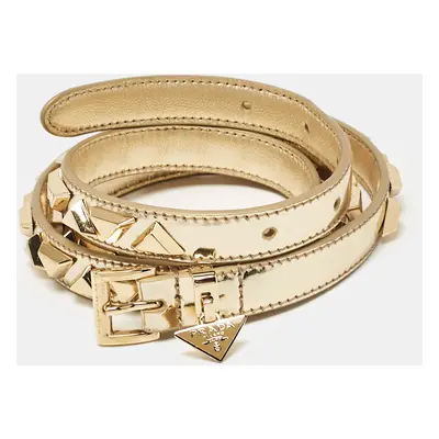 Prada Gold Patent Leather Triangle Logo Studded Slim Belt 90CM