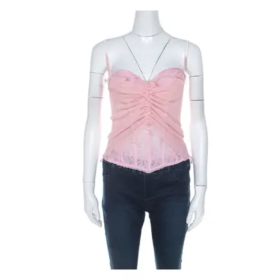 Ermanno Scervino Pink Pleated Silk Frayed Detail Ruffled Corset Top