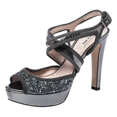 Miu Miu Metallic Grey Glitter And Suede Leather Trim Cross Strap Peep Toe Platform Sandals Size 