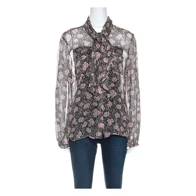 Giorgio Armani Black and Pink Floral Print Sheer Silk Blouse