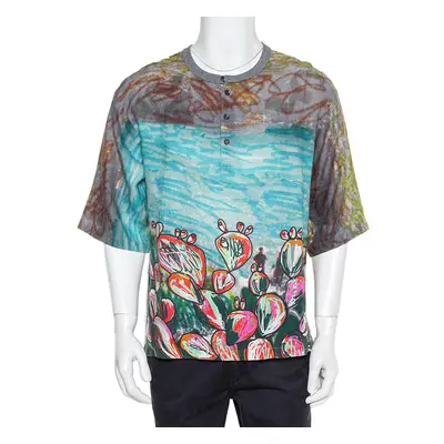 Dolce & Gabbana Multicolor Printed Linen Half Button Oversized T-Shirt