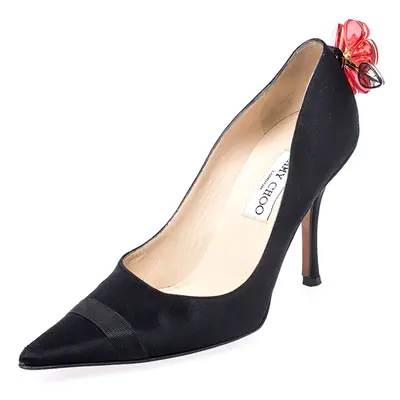 Jimmy Choo Black Satin Plastic Flower Clip Pointed Toe Pumps Size