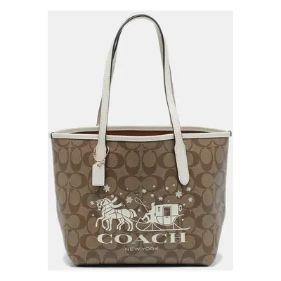 Coach Beige/White Signature Coated Canvas and Leather Mini City Tote