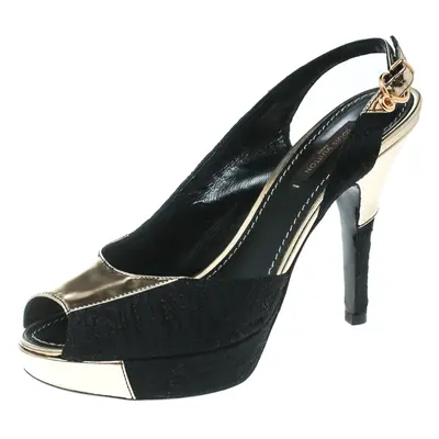 Louis Vuitton Black Satin And Metallic Gold Leather Motard Piccadilly Peep Toe Platform Slingbac