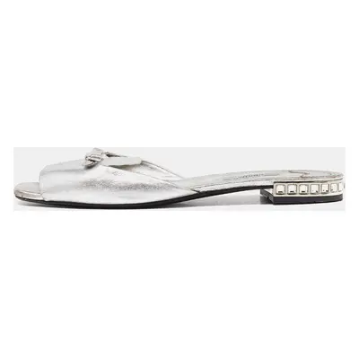 Prada Silver Leather Bow Flat Slides Size