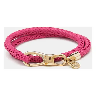 Salvatore Ferragamo Pink Braided Leather Gold Tone Wrap Bracelet