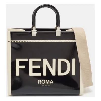 Fendi Black/Off White Canvas and Patent Leather Sunshine Shopper Tote