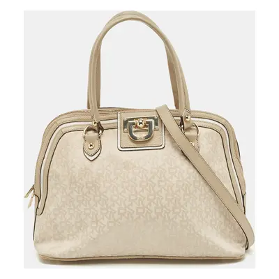 DKNY Cream/Beige Signature Canvas and Leather Dome Satchel