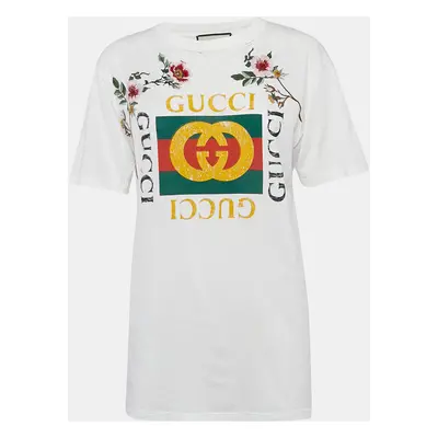 Gucci White Floral Embroidery Cotton Distressed T-Shirt