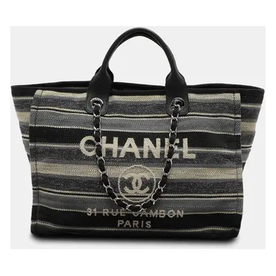 Chanel Grey Striped Canvas and Leather Deauville Shopper Tote