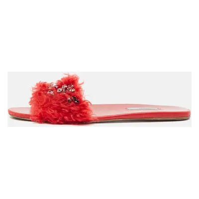 Prada Red Fur and Leather Crystal Embellished Flat Slides Size