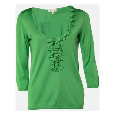 Etro Green Silk Knit Ruffled Top