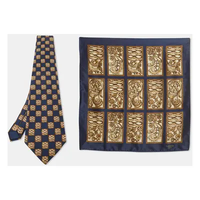 Lanvin Blue Printed Satin Silk Pocket Square and Traditional Tie