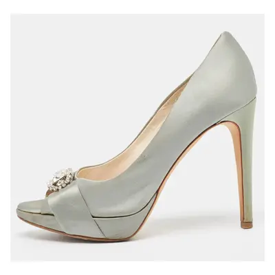 Dior Grey Satin Crystal Embellished Peep Toe Pumps Size