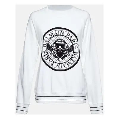 Balmain White Logo Flock Print Cotton Sweatshirt